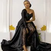 Black Lace Stain Evening Jumpsuit with Remove Train Long Sleeve Outfit Lesbian African Aso Ebi Prom Dress Pant Suit