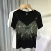 4XL Plus Size Chic Summer Diamond T-shirt a maniche corte per donna Casual Tinta unita O Neck Tshirt Ladies Streetwear Tees Top 220530