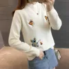 Automne hiver demi-col haut femmes pull pull Animal dessin animé couture coréen lâche brodé étudiants chemise de fond