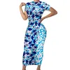 Ontwerp Polynesische Tribal Design Dames Zomer Strakke Jurk Custom Design Blauwe Achtergrond Met Hibiscus Bloemen 220706