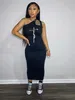 Yaz Bodycon Elbise Kadınlar için Düz Renk Yelek Kolsuz Maksi Elbiseler Bayanlar Moda U Necl Mektup Baskılı Etek