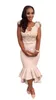 Vestidos de cóctel de sirena de satén africano sexy Sheer Back Mangas cortas Barato Tallas grandes Árabe Vestidos largos de baile Fiesta personalizada Bridesmai2957