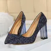 Designer-Dress Shoes 2022 Luxury Women Bling 9.5cm High Heels Scarpins Gold Clear Block Thich Pumps Glitter Wedding Bridal Large Size 43