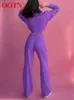 OOTN Streetwear 2 piezas Conjuntos púrpuras con muescas Wrap Lace Up Hombros Camisa Moda Mujer Traje de cintura alta Pantalones rectos Trajes T220729
