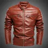 Jaquetas homens stand colar gole plissout design marrom jaqueta de motocicleta masculina jaqueta de motociclista e casacos zíper slim fit coat outono winter pu 201128