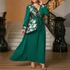 Plus Size Dresses Women Dress V-neck Floral Print Lacing Lantern Sleeve Ethnic Style Retro Slim Large Pendant Dark Green Ladies DressPlus