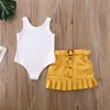 2PCS幼児の子供の女の子の服セットはノースリーブのソリッドベストロンパーイエロープリーツスカート夏服セット220620