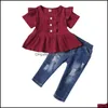 Kleidung Sets Kinder Mädchen Outfits Kinder Rüschen Fliegende Ärmel Topsandhole Denim 2 Teile/satz Sommer Mode Bo Mxhome Dhw8W