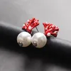 Stud Red Coral Deer Antler White Faux Pearl Kolczyki Świąteczne Moda Chwyt prezent biżuteria