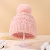 Bonnet tricoté en Jacquard solide pour bébé, mignon boule de cheveux pour nouveau-né, chapeau d'extérieur et d'hiver avec pompon chaud pour enfants