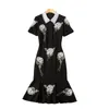 2022 Summer Short Sleeve Lapel Neck Black Floral Print Embroidery Beaded Pearl Mermaid Dress Elegant Casual Dresses 22Q192316 Plus Size XXL