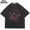힙합 오버 사이즈 씻은 Tshirt Streetwear Harajuku 찢어진 그래픽 인쇄 T 셔츠 남자 봄 여름 짧은 소매 Tshirt 220608