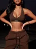 Kliou Sporty Två Piece Set Kvinnor Aktiv Halter Vest Crop Tops   Drawstring Sweatpants Matchande Outfit Casual Concell Concell Tracksuit 220421