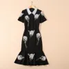 2022 Summer Short Sleeve Lapel Neck Black Floral Print Embroidery Beaded Pearl Mermaid Dress Elegant Casual Dresses 22Q192316 Plus Size XXL