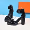 Classic High heeled sandals party 100% leather women Dance shoe designer sexy letter heels 10cm Lady Metal Belt buckle Thick Heel Woman shoes Large size 35-40-42 With box