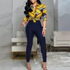 Calças femininas de duas peças 2022 roupas modernas e elegantes conjunto feminino estampa listrada colorblock nó frontal abotoado superior cintura alta