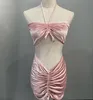 Joyería Cristales Bikinis de lujo Conjunto de dos piezas de color rosa Traje de baño Mujer Diseñador Falda fruncida Traje de baño Mujer Traje de baño de playa XL Ropa de playa brasileña Biquinis