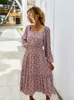 Casual Dresses Women Long Dress Spring Sleeve Chiffon Robe Elegant Ladies Flower Square Collar Party 2022 Black Clothes For Woman