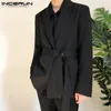 INCERUN Fashion Men Casual Blazers Solid Color Korean Long Sleeve Lapel Leisure Suit With Belt Handsome Streetwear Mens Blazer 7 220527
