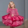 Girl's Dresses Fuchsia Glitter Flower Girl Dress Sparkling Long Sleeves Scoop Neck Ruffles Puff Birthday Party Gown Toddler Pageant