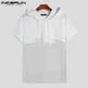 Inderun Fashion Men T Shirt z kapturem mesh patchwork patrz przez pullovery krótkie rękawe streetwear sexy casual mężczyźni odzież 7 220607