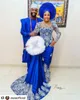 Blue Gorgeous Crystal Royal Formal Dresses Sleeves Mermaid Satin Beadings Custom Made Long Women Aso Ebi Evening Gowns