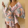 Casual Dresses Summer Beach Elegant Women Sexy V Neck Lace-Up Floral Print Mini Dress Fleared Hleeves Ladies Party Dress Casual