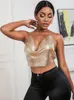 Sruby Sexy Party Metal Metálico Crop Top Mulheres Corset Beach Halter Corset S Glitter Night Club Tank Roupas Christmas 220325