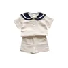 Japanese and Korean Bear Mood Navy Style Kids Sailor Collar Cotton Linen T Shirt Pants 2pcs Summer Clothes Set Boys Girls Suit 220615