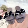 famous brand fur flip flops sweet lace bow fur slides women designer winter sandals warm and cozy home slippers with flower G220816