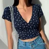 Kadın T-Shirt Çiçek Çapraz V Boyun Kısa Kollu Yaz Gömlekleri Düşük kesim Fransız Retro Çiçek İnce Zayıflama Vahşi Kadınlar Top Basic