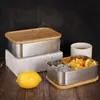 800ML Food Container Lunch Box with Bamboo Lid Stainless Steel Rectangle Bento Box Wooden Top Kitchen Container Natural Easy for Take by sea 48pcs DAS459