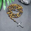 Pendant Necklaces Natural Tiger Eye Beaded Necklace For Women Men Catholic Christ Rosary Hematite Cross Male JewelryPendant