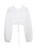 Blouses Femmes Chemises Tops Femmes 2022 Street Style Back Lace Up Sexy Cutwork Broderie Crop Top Col Rond Manches Longues Coton Blanc Crop