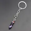 Fashion Natural Stone Hexagonal Column Crown Keychain Women Crystal Rose Quartz Key Rings Bag bilsmycken Party Friends Gift