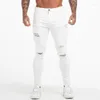 Jeans pour hommes GINGTTO blanc hommes taille haute déchiré maigre serré mâle Super pulvérisation sur pantalon goutte grande taille 36 Zm551