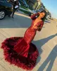 2022 Burgundy Red Mermaid Feather Prom Dresses Sexy Deep V-Neck Long Longed Delected Velet Long Evening Donshs African Girls Party Rets BC3516