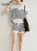 Black And White Stripe Knit Two Piece Sets Womens Outfits Jogger Summer Tops Shorts Casual Drawstring Knitted Tracksuit Set 220509