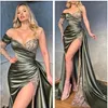 2022 Elegant Satin Prom -klänningar Långärmar Sequin Sets One Shoulder High Split Formal Party Evening Gowns BC1140 B0708