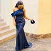 GORĄCO! Blask Navy Blue Mermaid Suknie Wieczorowe Jedno ramię Sweep Pociąg Cekinowany Kobiety Formalne Party Party Suknie Specjalne okazja Suknia Vestidos de Fiesta