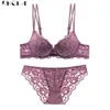 Broderie sous-vêtements sexy ensemble en dentelle Blue Brassiere A B C tasse de coton épais Push Up Bra and Pagties Set Brand Lingerie Deep V 220513