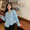 Kvinnors jackor elegant höst vintage tweed jacka kvinnor tidvatten koreansk mode chic lös v-hals singel breasted långärmad tassel kort coa