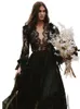 Vintage Gothic Black A Line Wedding Dress Long Sleeve V-Neck Boho Bridal Gowns Sexy Side Slit Lace Appliques 2022 Elegant Romantic Beach Country Bride Dresses