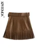 KPYTOMOA Women Fashion With Belt Faux Leather Pleated Mini Skirt VIntage High Waist Side Zipper Female Skirts Mujer 220701