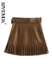 KPYTOMOA Kvinnor Fashion with Belt Faux Leather Pleated Mini Kjol Vintage High midje Sidan blixtlås kvinnliga kjolar Mujer 220701