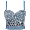 Top a corsetto alla moda con crop in denim diamantato Sexy Glitter Party Club Rave Festival Abbigliamento 220316