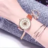 Armbandsur Spinning Kristaller Blommor Klockor För Kvinnor Lycka till Gifts Real Leather Strap Armbandsur Roterande blommig Quartz Reloj