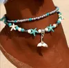 Cavigliera a forma di stella marina blu con perline di fascino multistrato, cavigliera Boho fatta a mano, gioielli per le donne