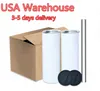 US Warehouse Sublimation Blanks Tumblers 20oz Stainless Steel Straight Blank Mugs white Tumbler with Lids and Straw Heat Transfer Gift Mug Bottles Wholesale