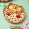 4pcs Childrens Sweeware Suctic Plate Bowl Bould Baby Footing Bands Spoon Fork Sets Bamboo Plate for Kids Tableware 220715